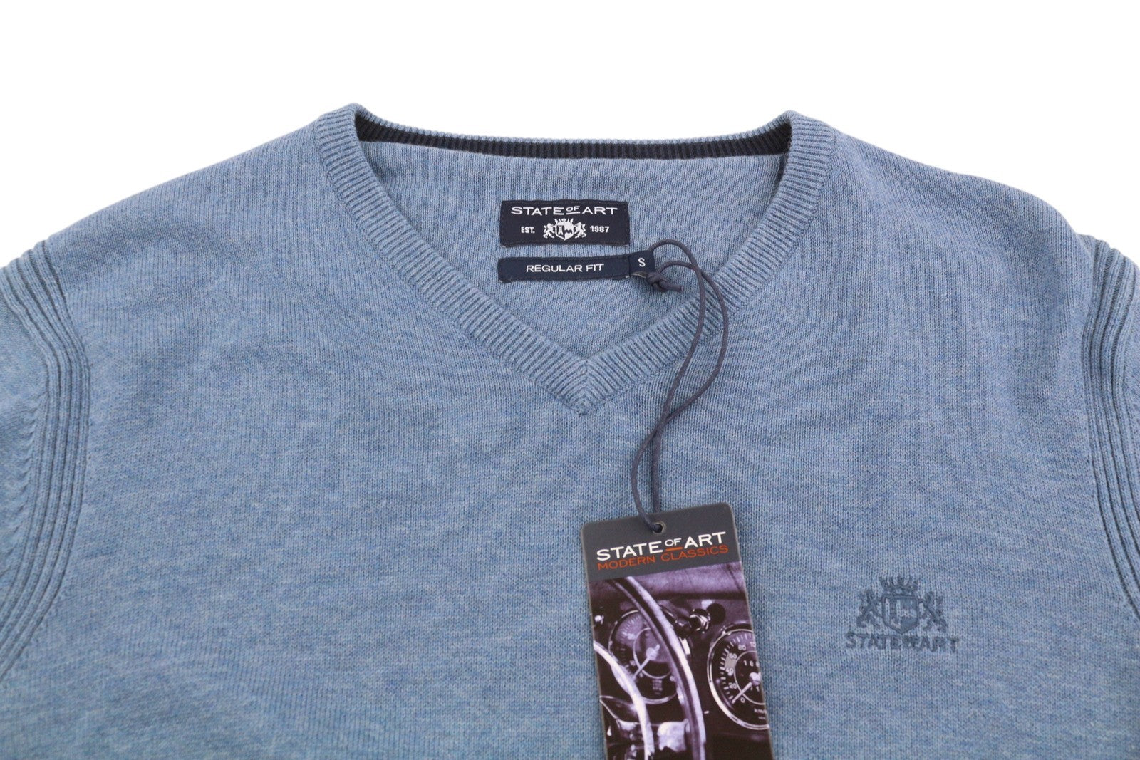 Maglione da uomo State Of Art blu melange in maglia di cotone con scollo a V