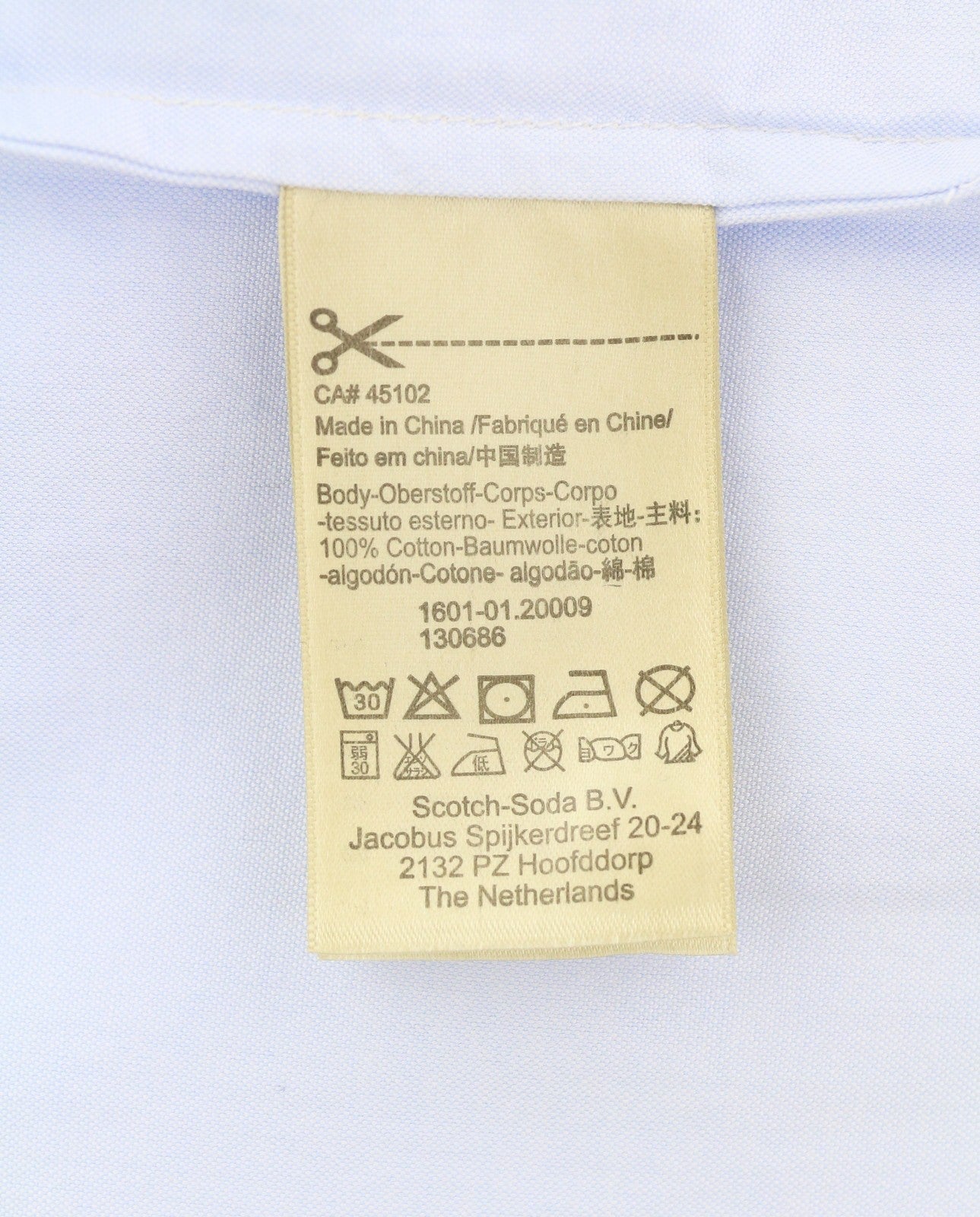 Scotch & Soda Chemise Homme Bleu Clair Coton Coupe Longue Boutonnée Col Ouvert