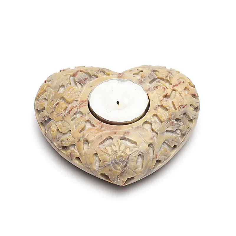 Hart Kaars- en wierookhouder Speksteen Naturel --set van 2 stuks - 9x11cm