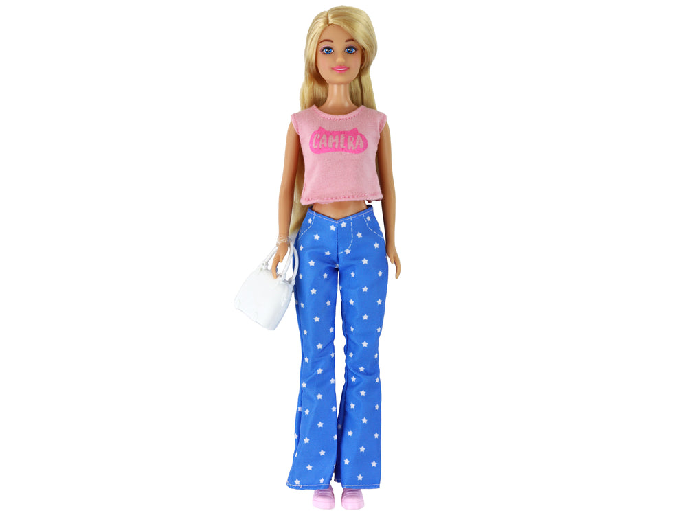 Anlily Children's Doll Long Blonde Hair Handbag Glasses Pink Blouse