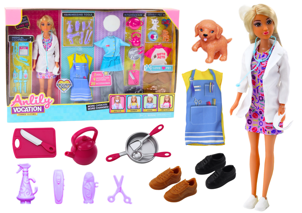 Anlily 4in1 Doll Doctor Hairdresser Cook Animals Clothes Accessories