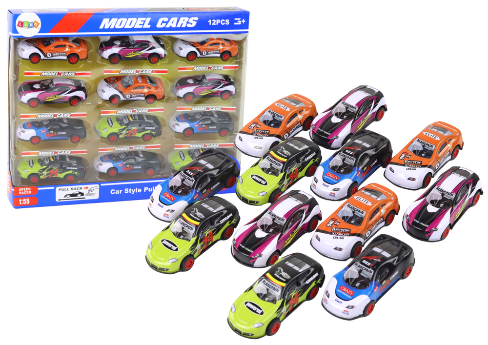 Set Of Sports Cars 1:55 With Friction Drive 12 Colorful Pieces