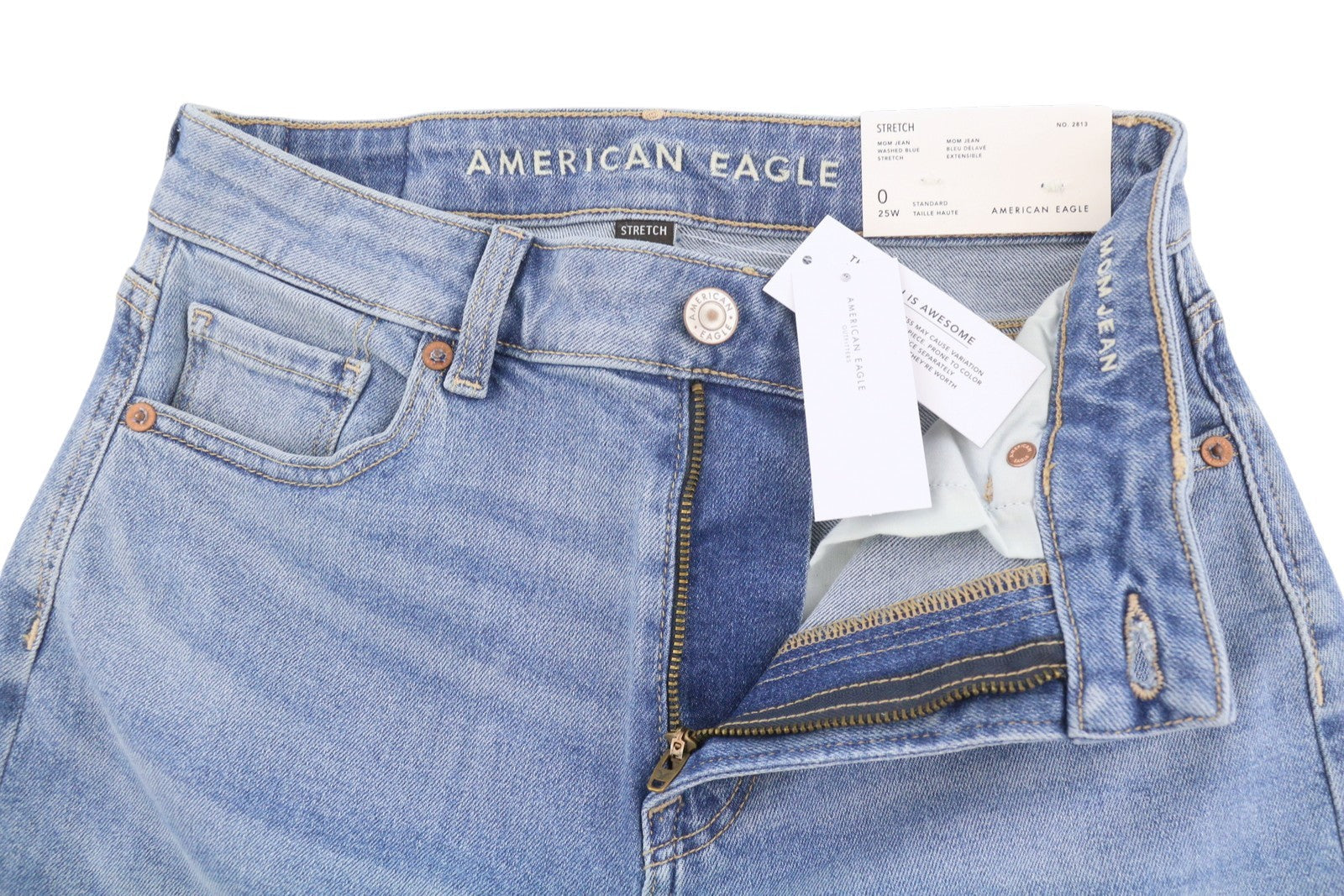 American Eagle Outfitters Mom Washed Blue Stretch Women Jeanswhiskers