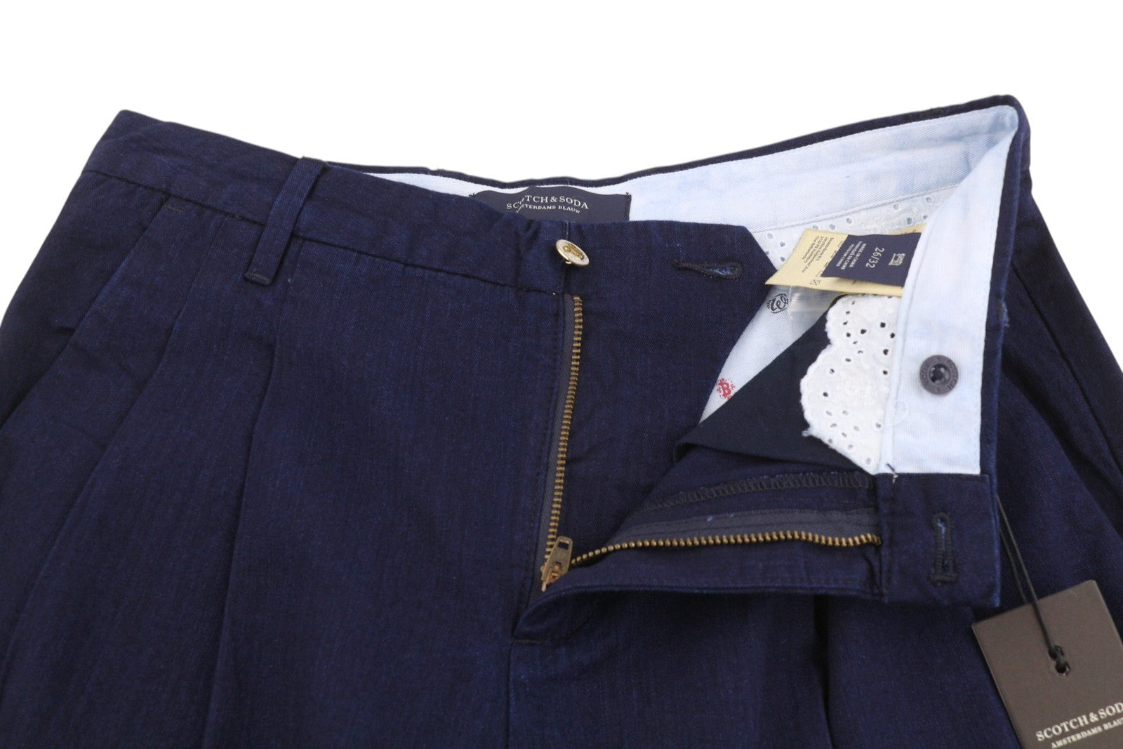 Scotch & Soda Femme Pantalon Bleu Foncé Court Plissé Revers Coupe Ample