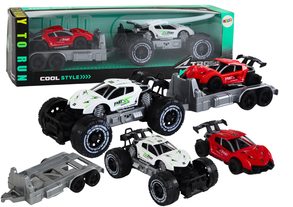 Set: White Off-road Car Red Sports Car Tow Truck