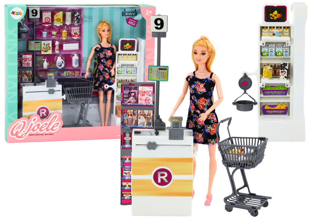 Set Doll In Supermarket Shelves Shopping Cart Food Products