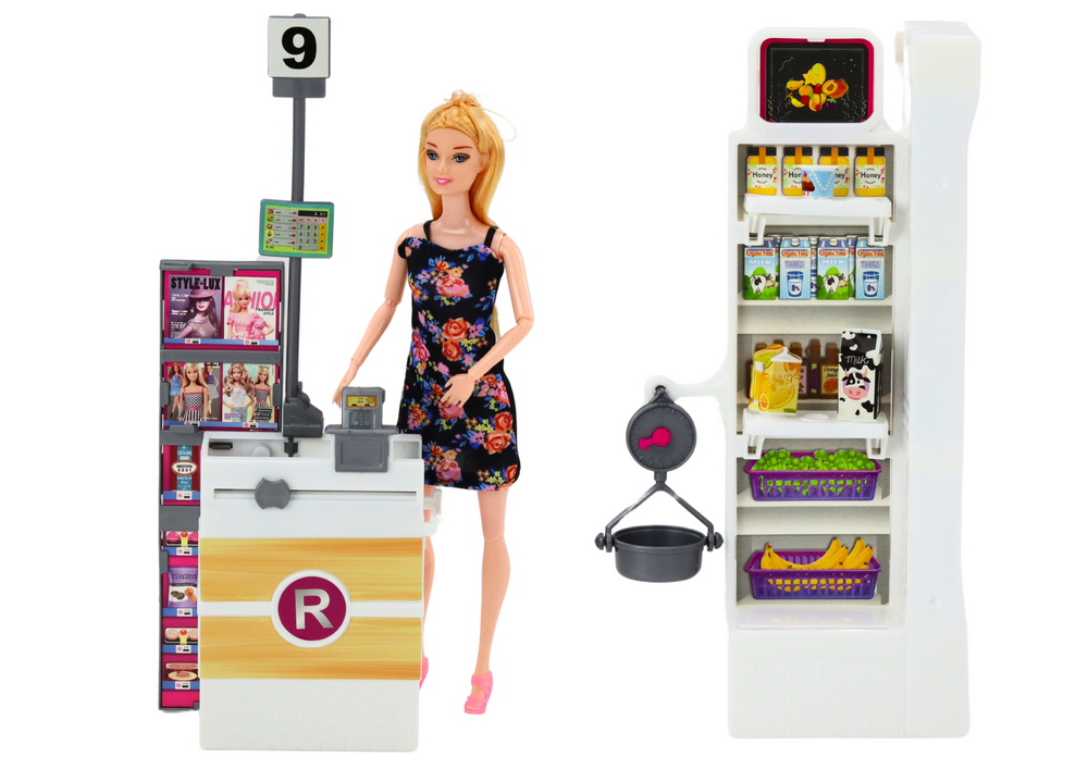 Set Doll In Supermarket Shelves Shopping Cart Food Products