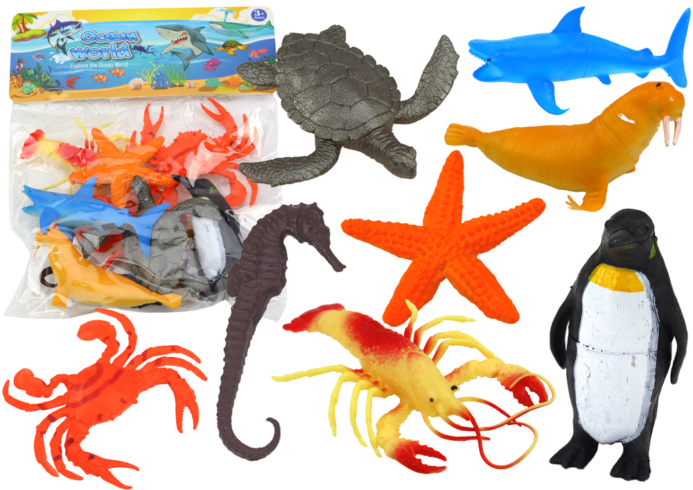 Set Of Figures Sea Animals Underwater Penguin Shark Crab 10 Pcs.