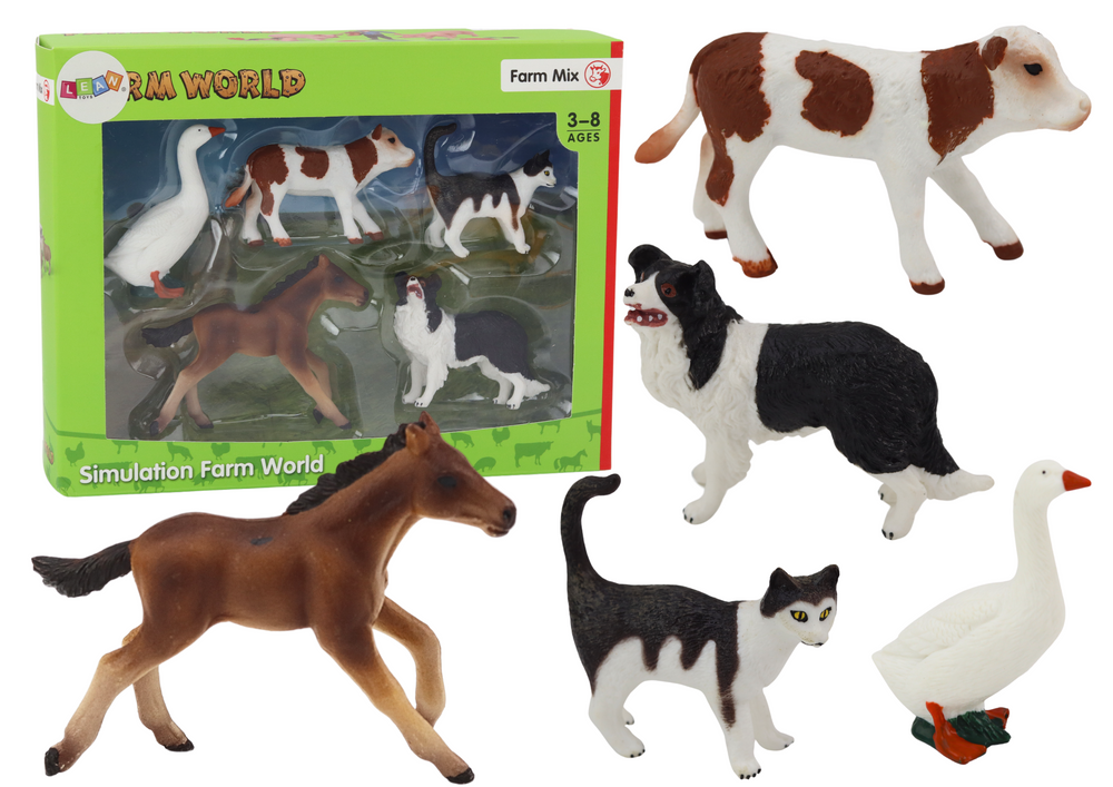 Conjunto de figuras de animais rurais 5 peças cavalo vaca gato ganso cachorro