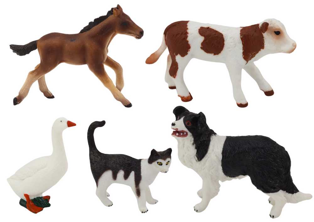 Conjunto de figuras de animais rurais 5 peças cavalo vaca gato ganso cachorro