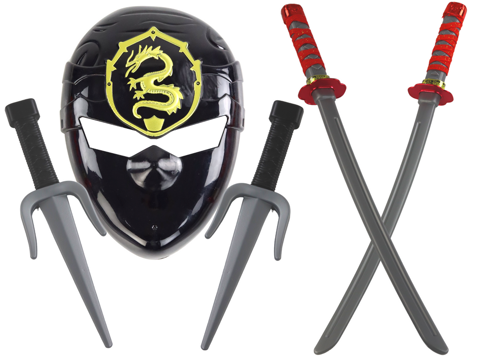 Conjunto de guerreiro ninja máscara espadas punhais decorações vermelhas
