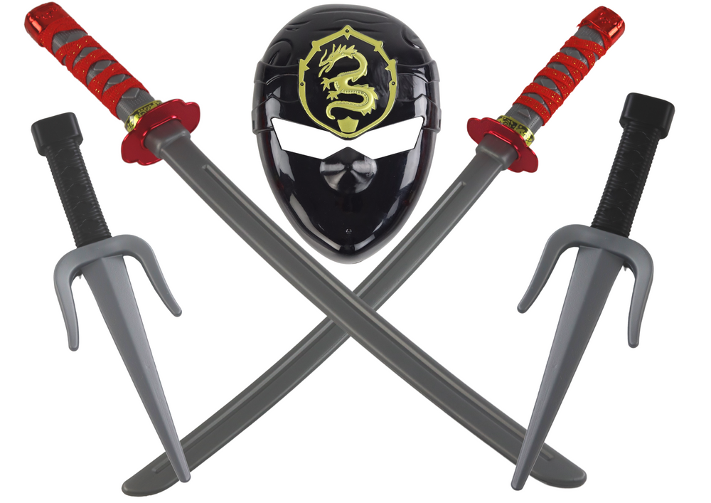 Conjunto de guerreiro ninja máscara espadas punhais decorações vermelhas