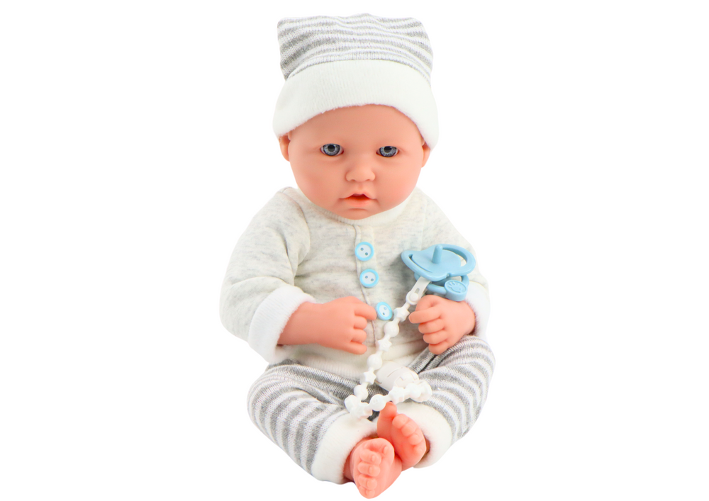 Babypop In Wit En Grijs Gestreepte Kleding Hoed Fopspeen Quilt
