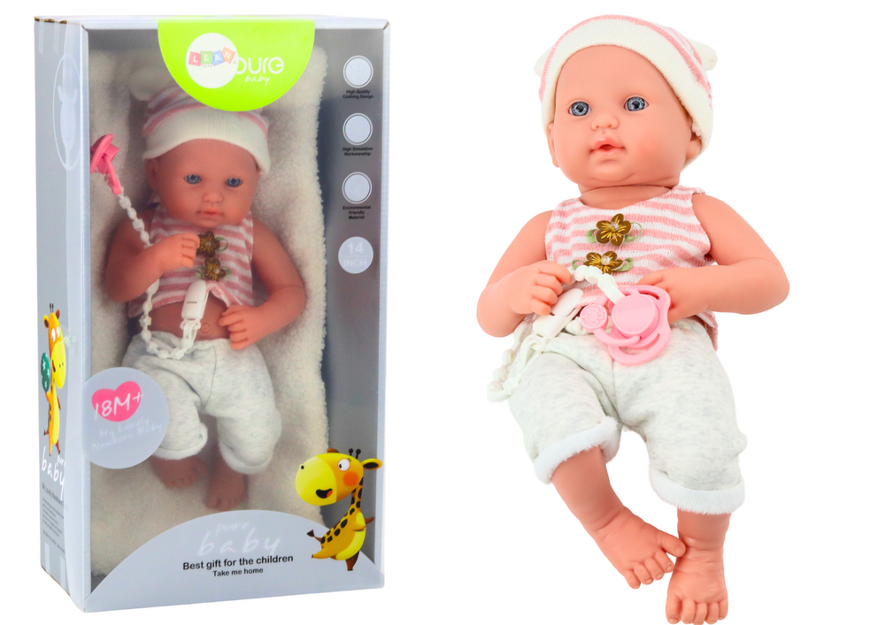 Baby Doll In White And Pink Clothes Hat Pacifier And Blanket