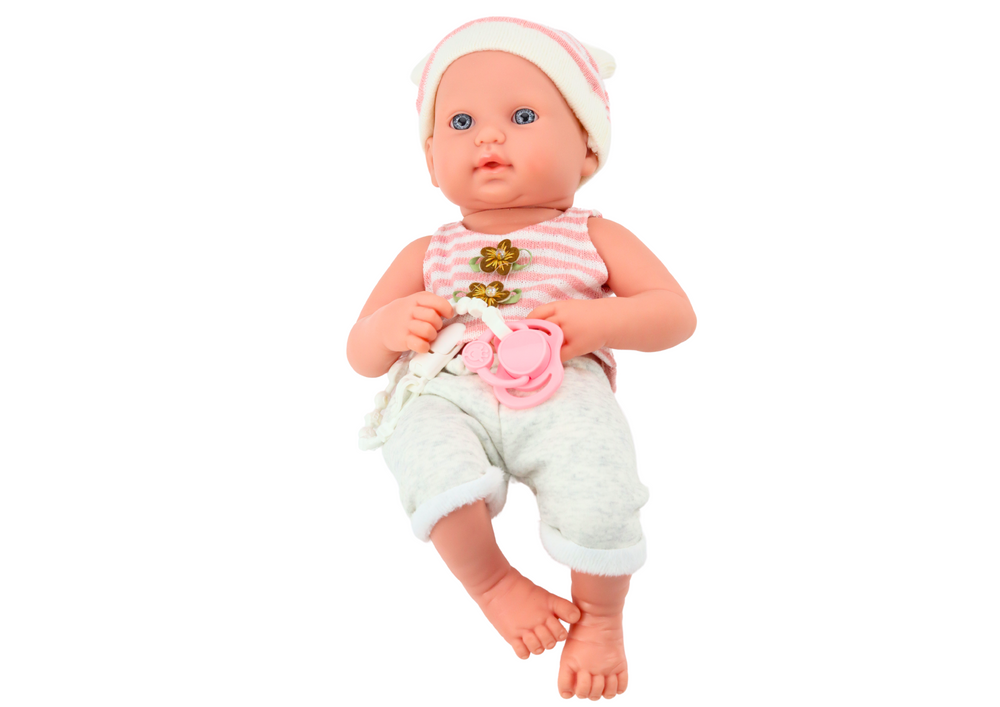Baby Doll In White And Pink Clothes Hat Pacifier And Blanket