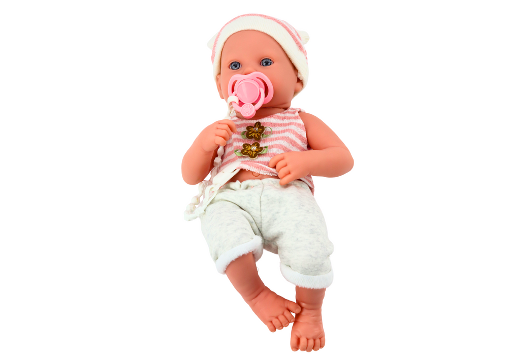 Baby Doll In White And Pink Clothes Hat Pacifier And Blanket