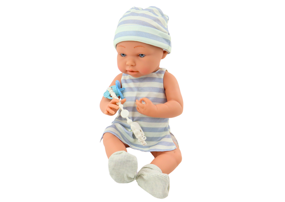 Baby Doll In Blue And White Clothes Hat Pacifier Bib Quilt