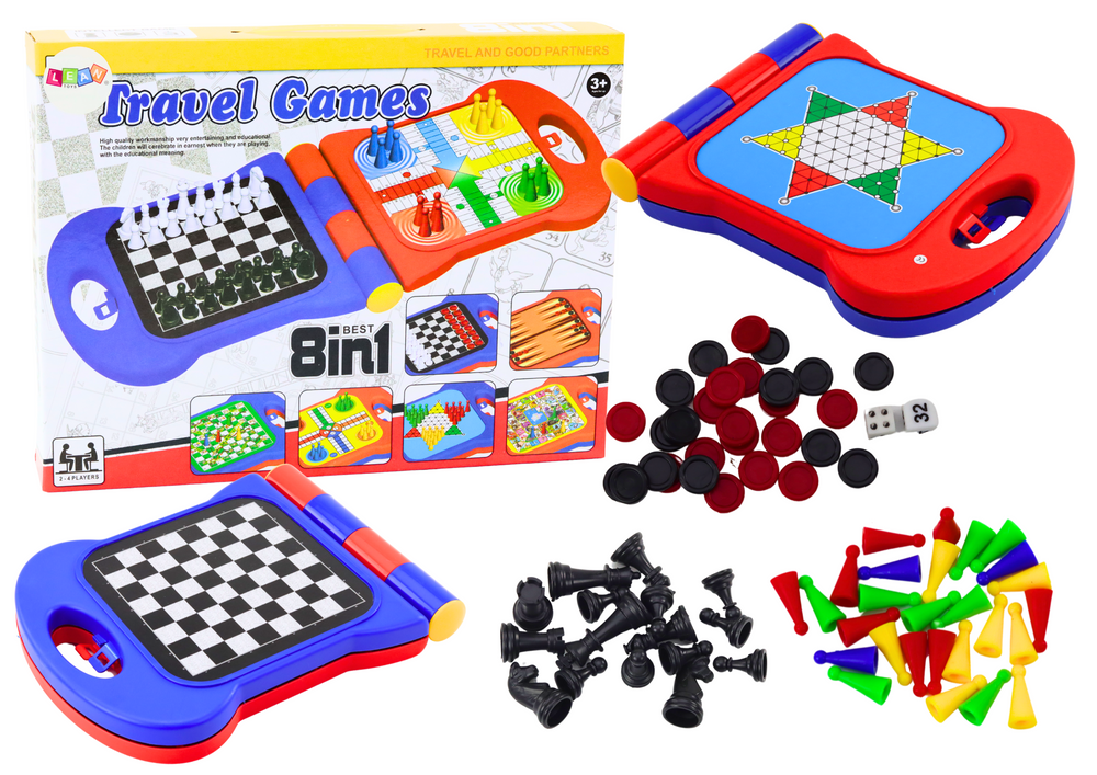 Jogo de viagem 8 em 1 damas de xadrez Ludo gamão cobras e escadas chinesas