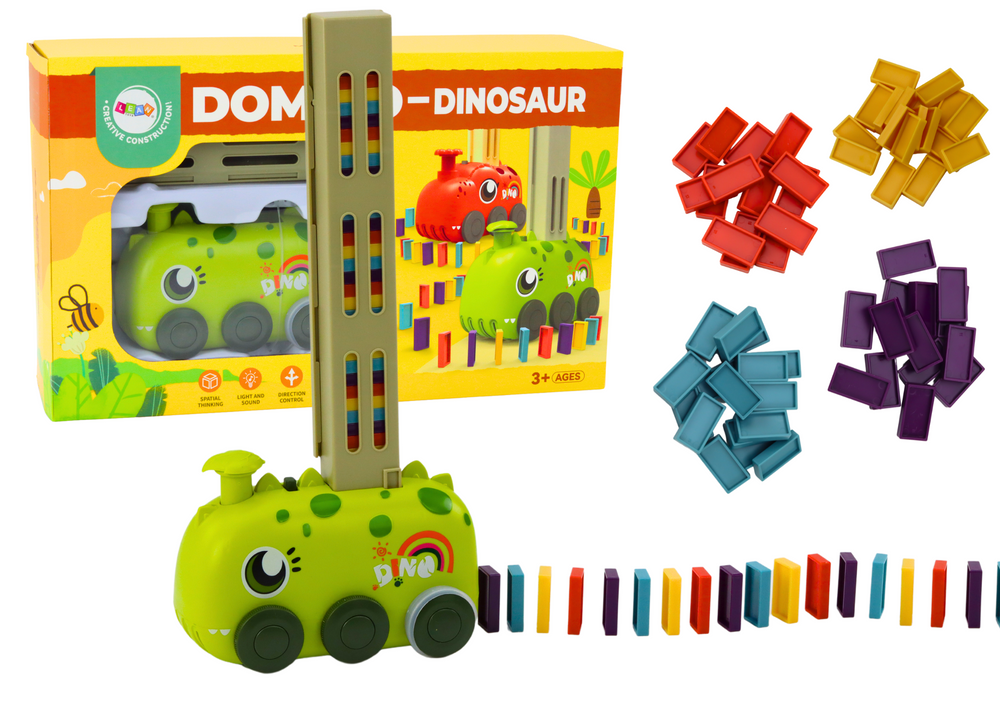 Battery-operated Green Dinosaur Car Arranging Colorful Dominoes 4 Colors Of Blocks