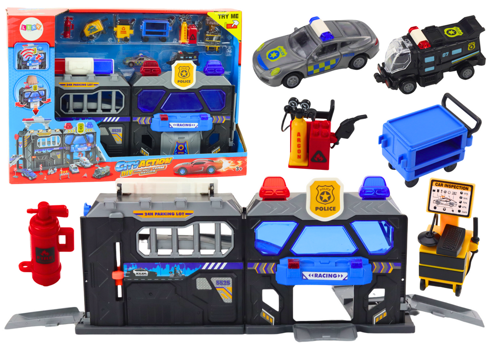 Set Of Expandable Garage Track In A Suitcase Police Lights And Sounds