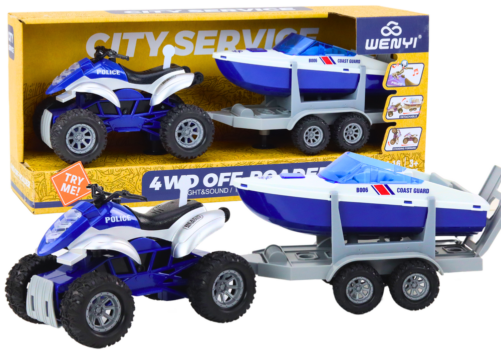 Police Quad With A Trailer For Transporting A Boat And A Motorboat