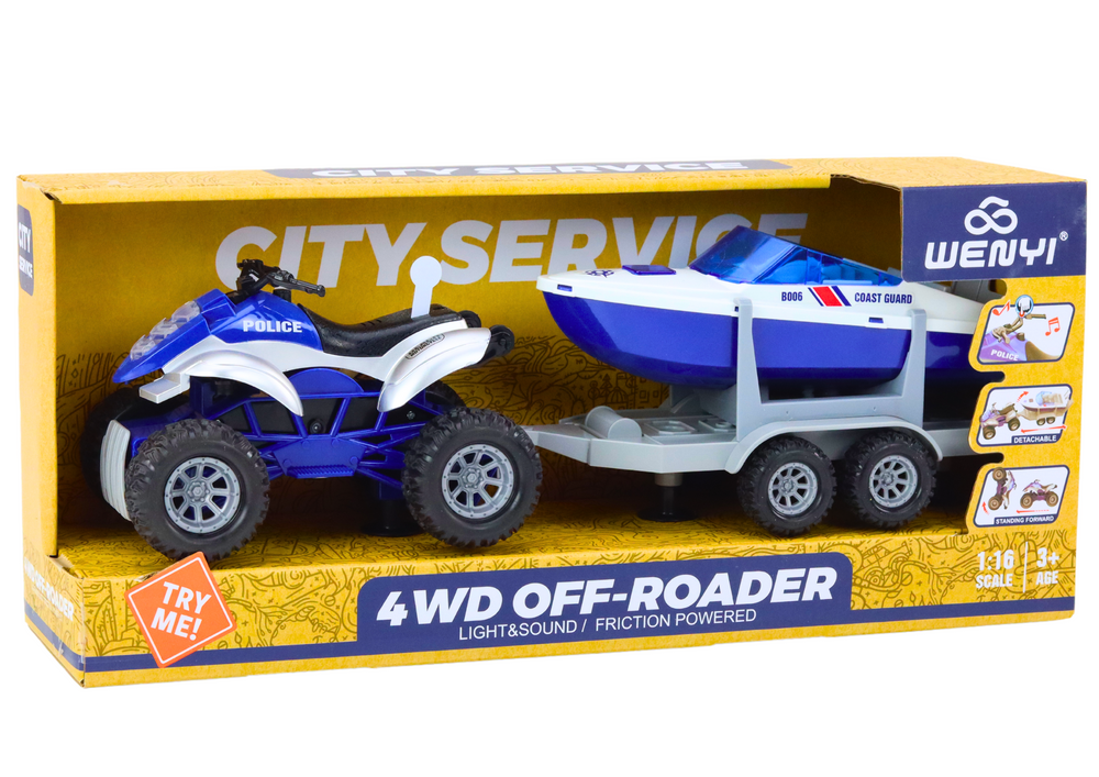 Police Quad With A Trailer For Transporting A Boat And A Motorboat