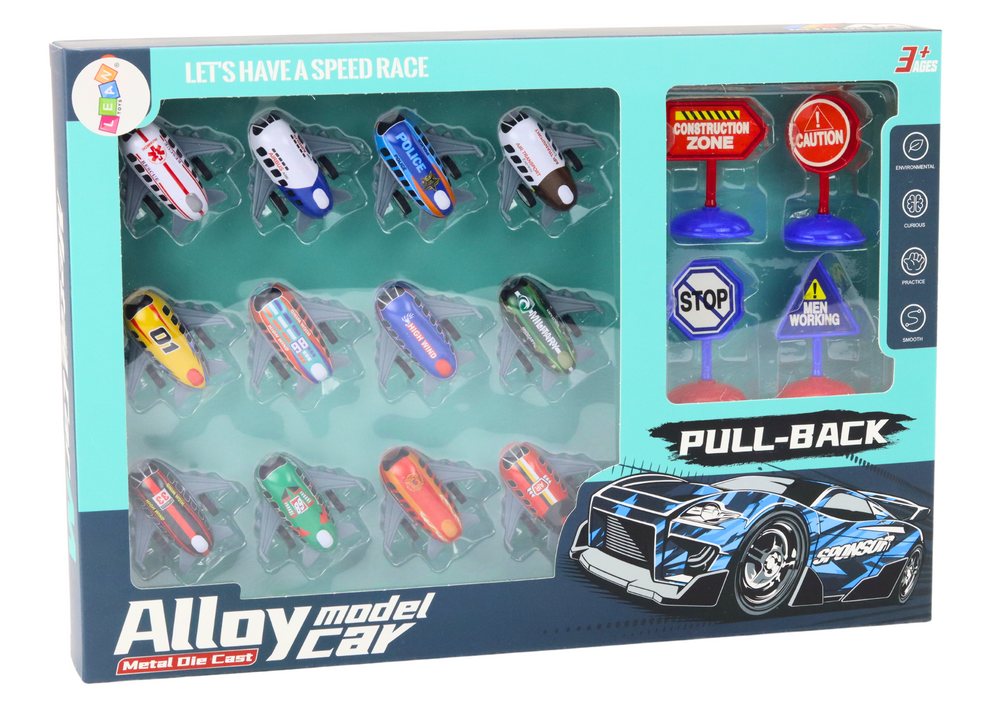 Set Of 12 Toy Cars Powered Planes 5cm Road Signs