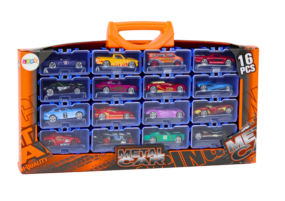 A Set Of Cars With Springs In A Metal Suitcase 16 Pieces