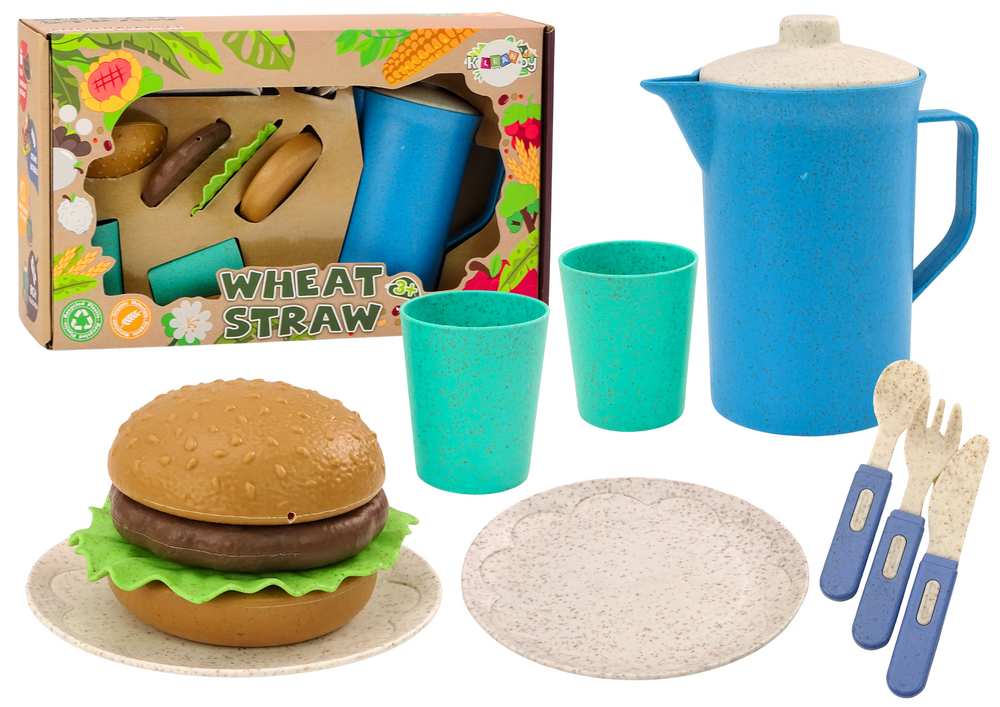 Set Of Tableware Plates Cups Jug Hamburger Cutlery 11 Pcs