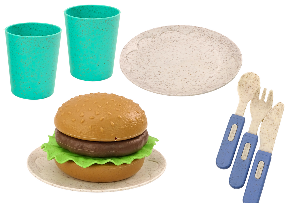 Set Of Tableware Plates Cups Jug Hamburger Cutlery 11 Pcs
