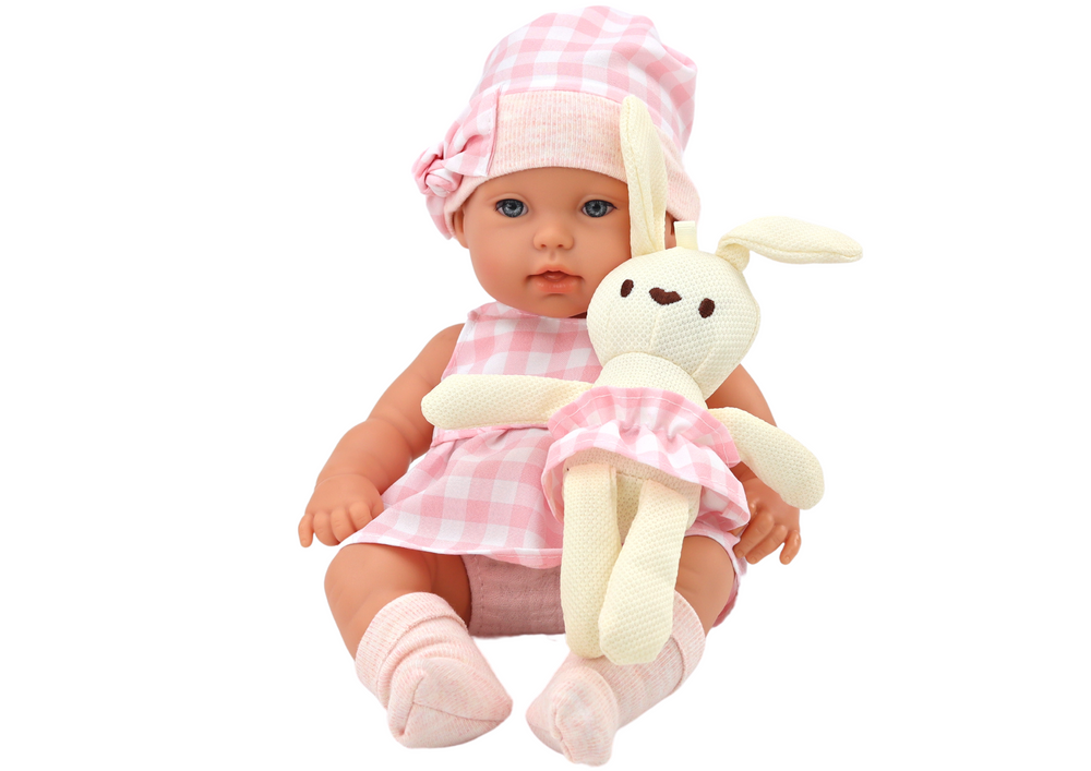 Baby Doll In A Bunny Carrier In A Pink Checkered Outfit