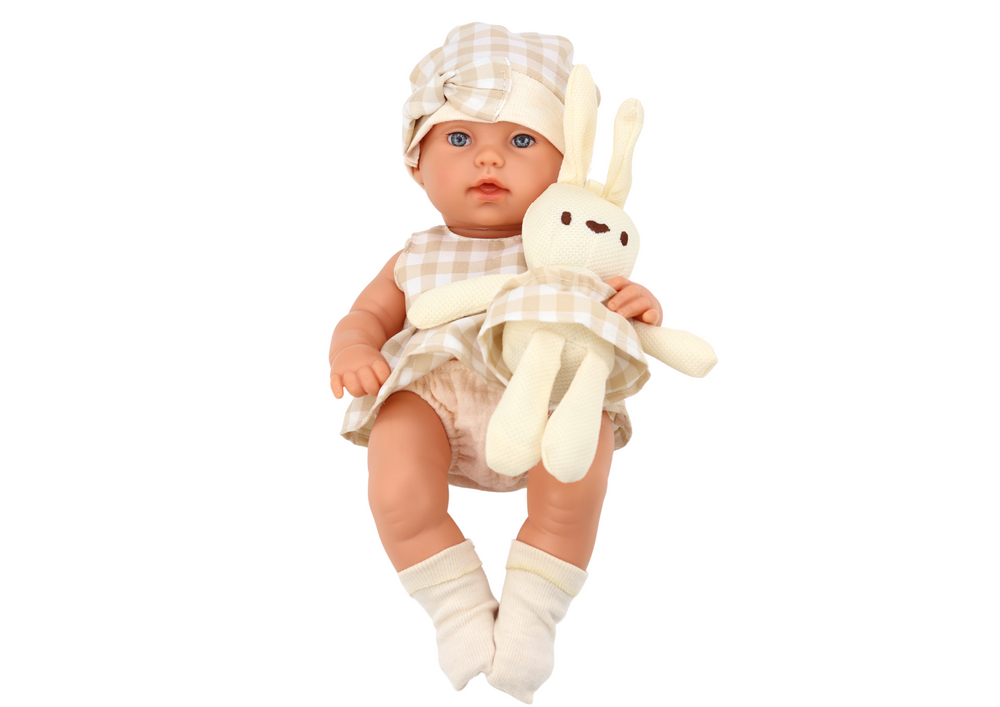 Baby Doll In A Carrier A Bunny In A Checkered Outfit Beige