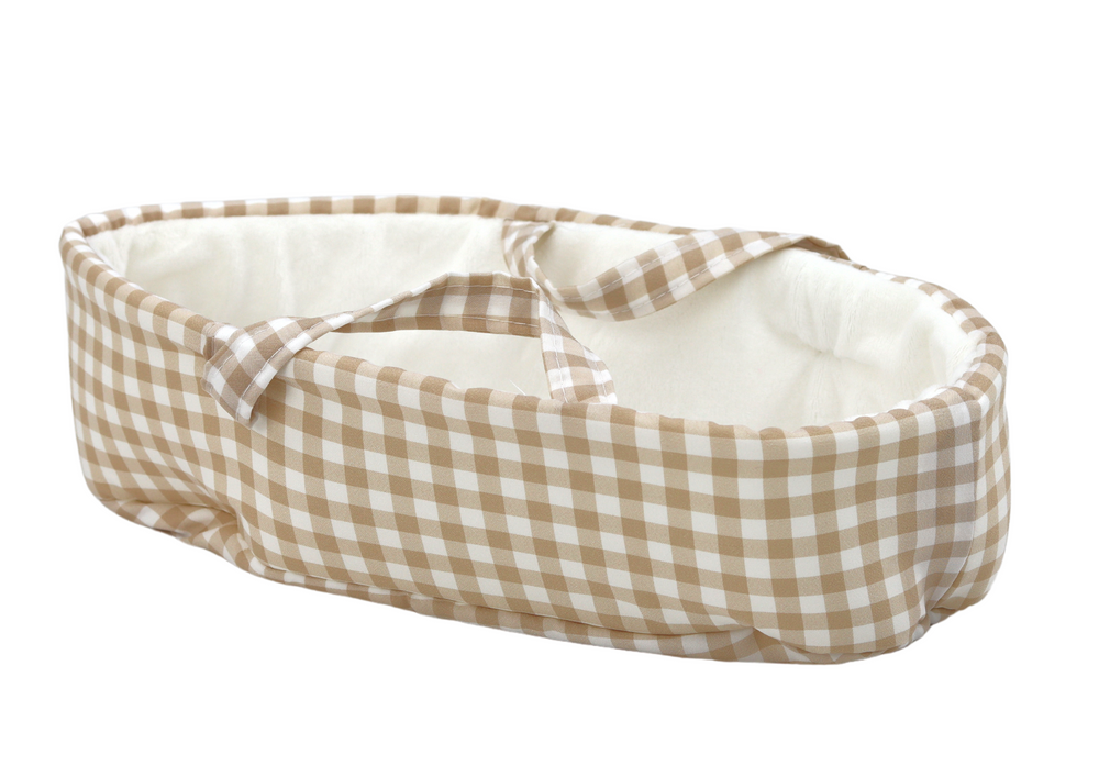 Baby Doll In A Carrier A Bunny In A Checkered Outfit Beige