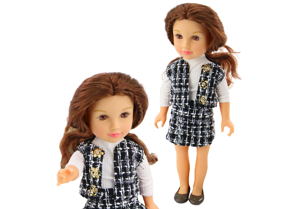 Doll In Elegant Checked Clothes Brown Hair
