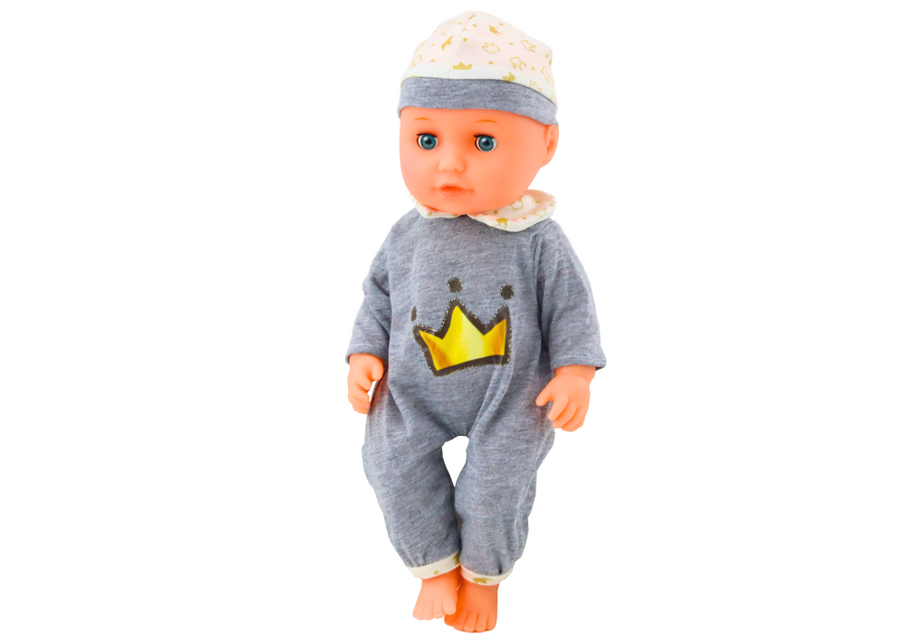 Baby Doll In Gray Pajamas Peeing Bottle Pacifier Sounds