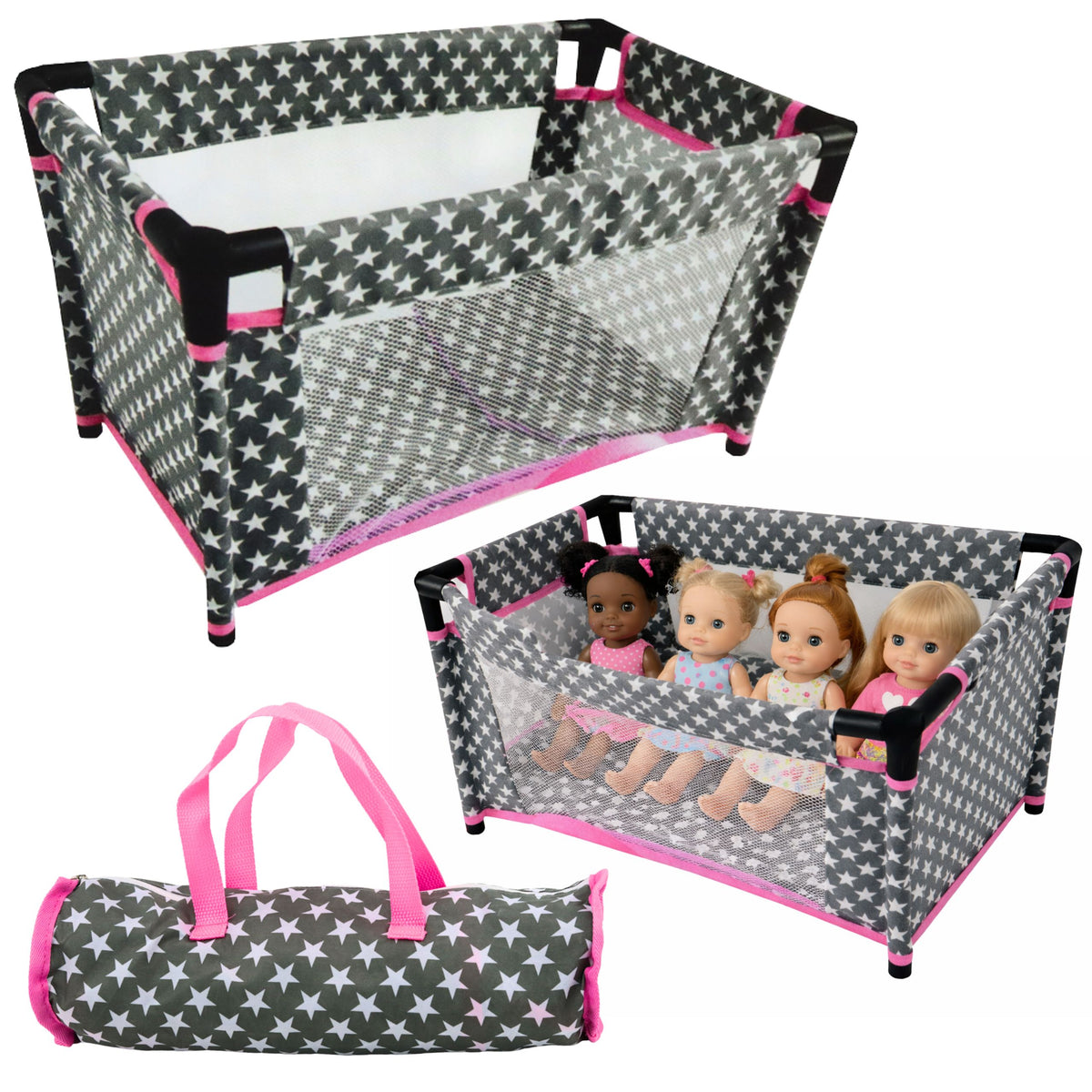 Alice Dolls' Bed With Stars Bag Blanket Pillow Gray And Pink