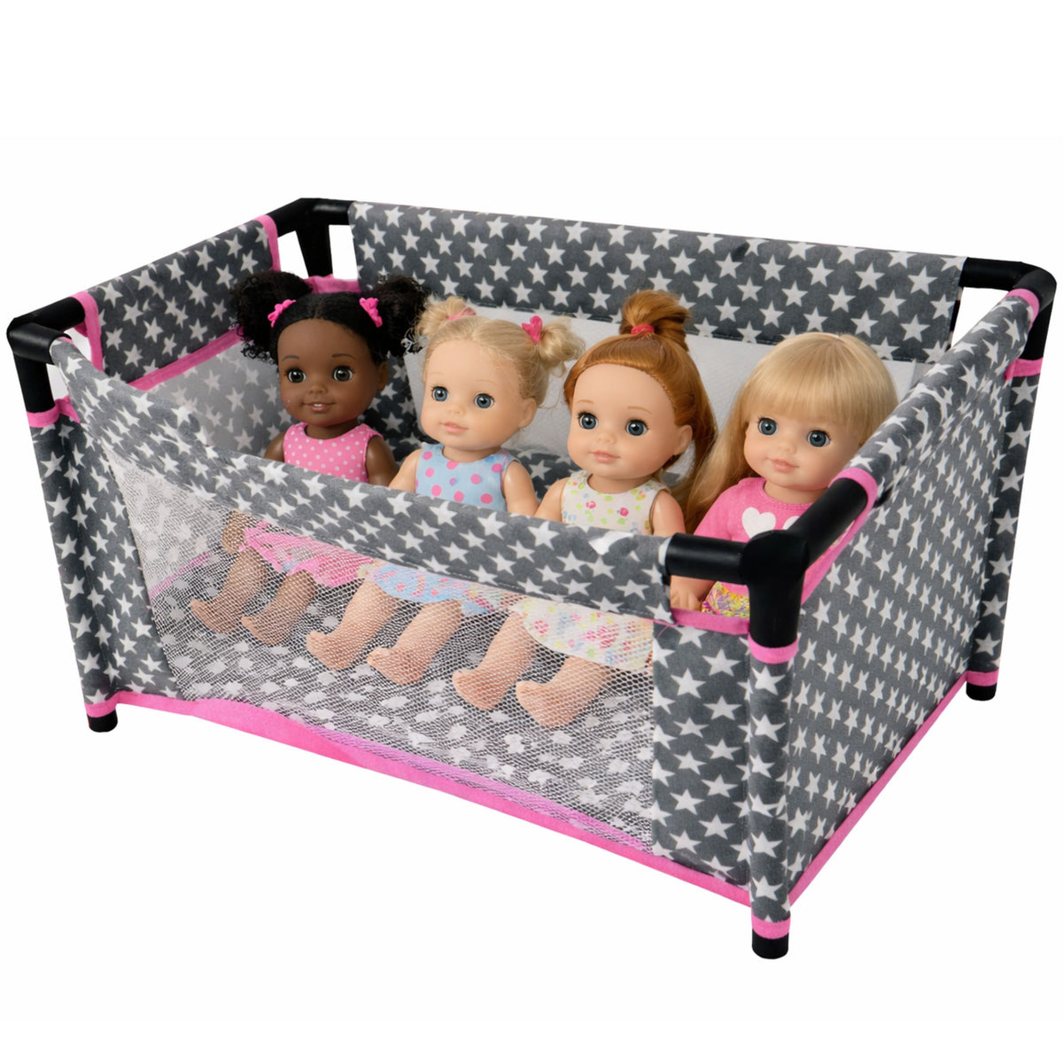 Alice Dolls' Bed With Stars Bag Blanket Pillow Gray And Pink