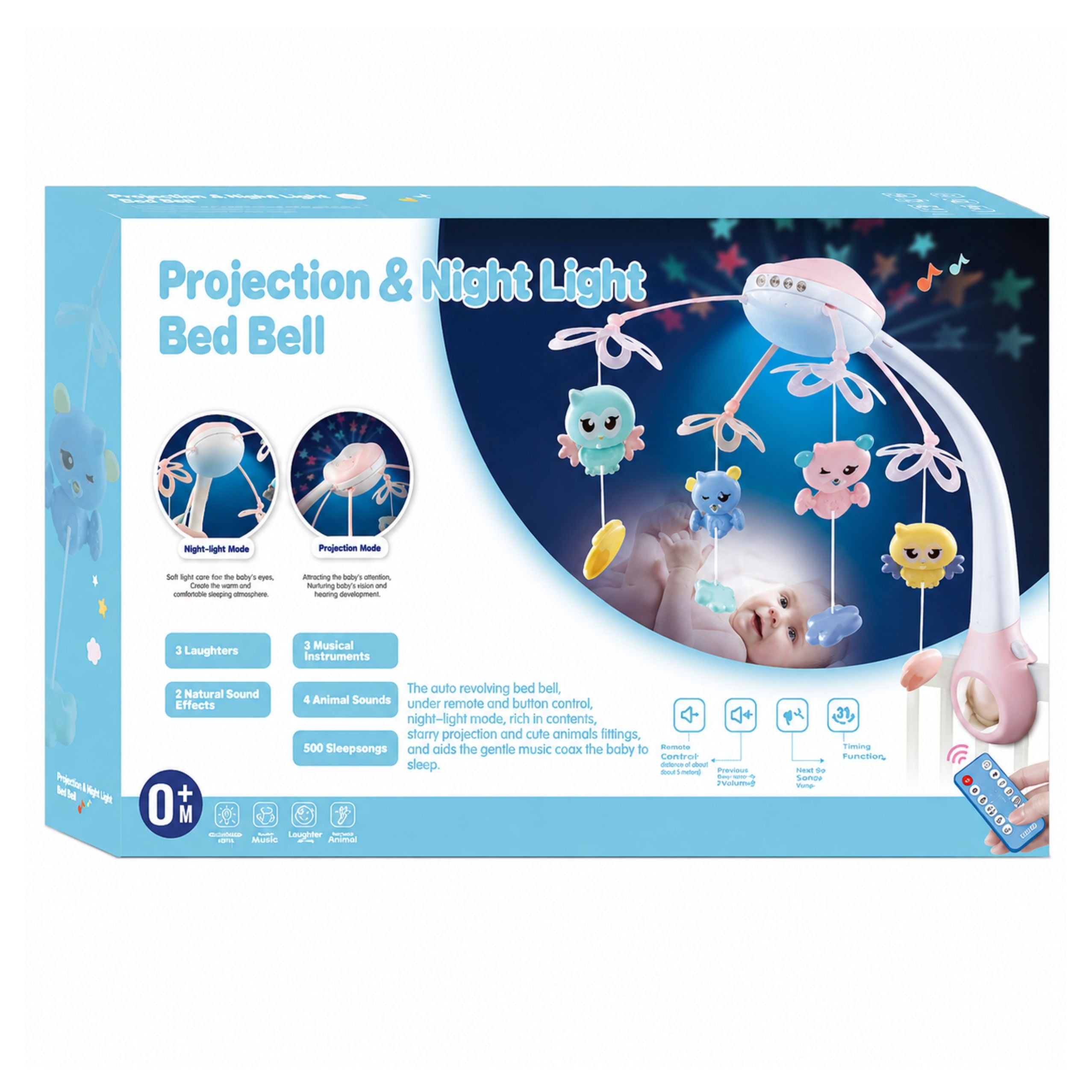 Crib Carousel Projector Remote Control Melodies Animal Sounds Blue