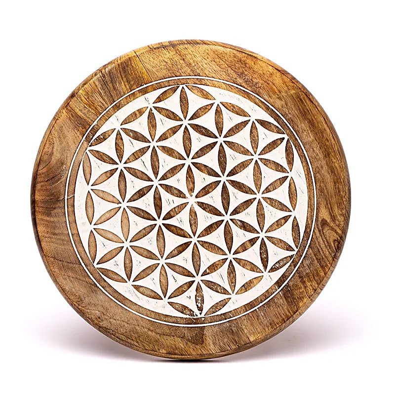 Príručný stolík White Flower Of Life Potlač mangové drevo - 30x30x31 cm