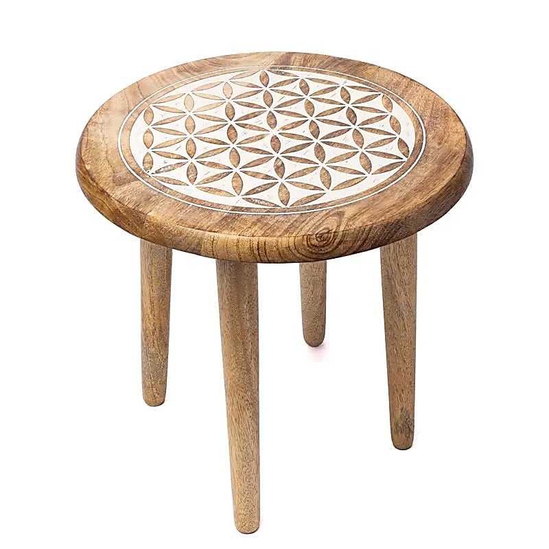Príručný stolík White Flower Of Life Potlač mangové drevo - 30x30x31 cm