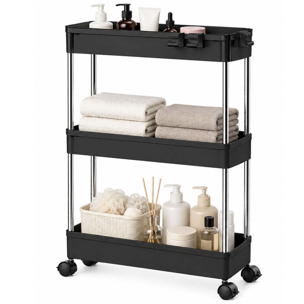 Multifunctional Mobile Shelf 3 Shelves On Wheels Black