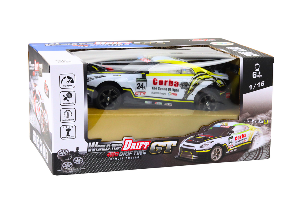 Rc Sports Car 1:16 Drift Interchangeable Wheels White And Yellow