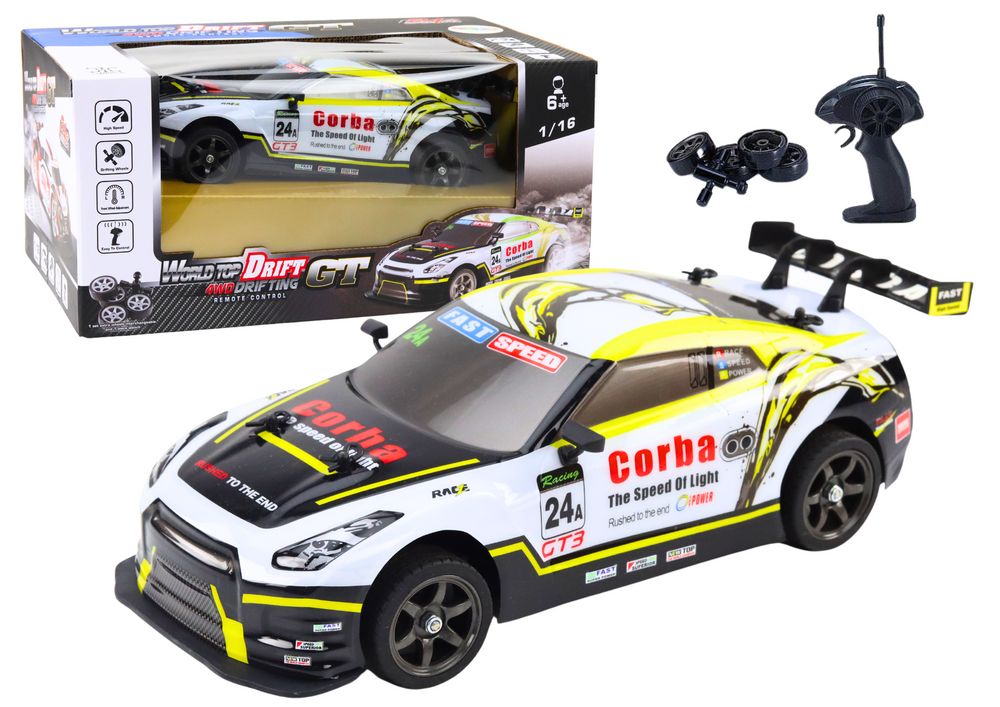 Rc Sports Car 1:16 Drift Interchangeable Wheels White And Yellow