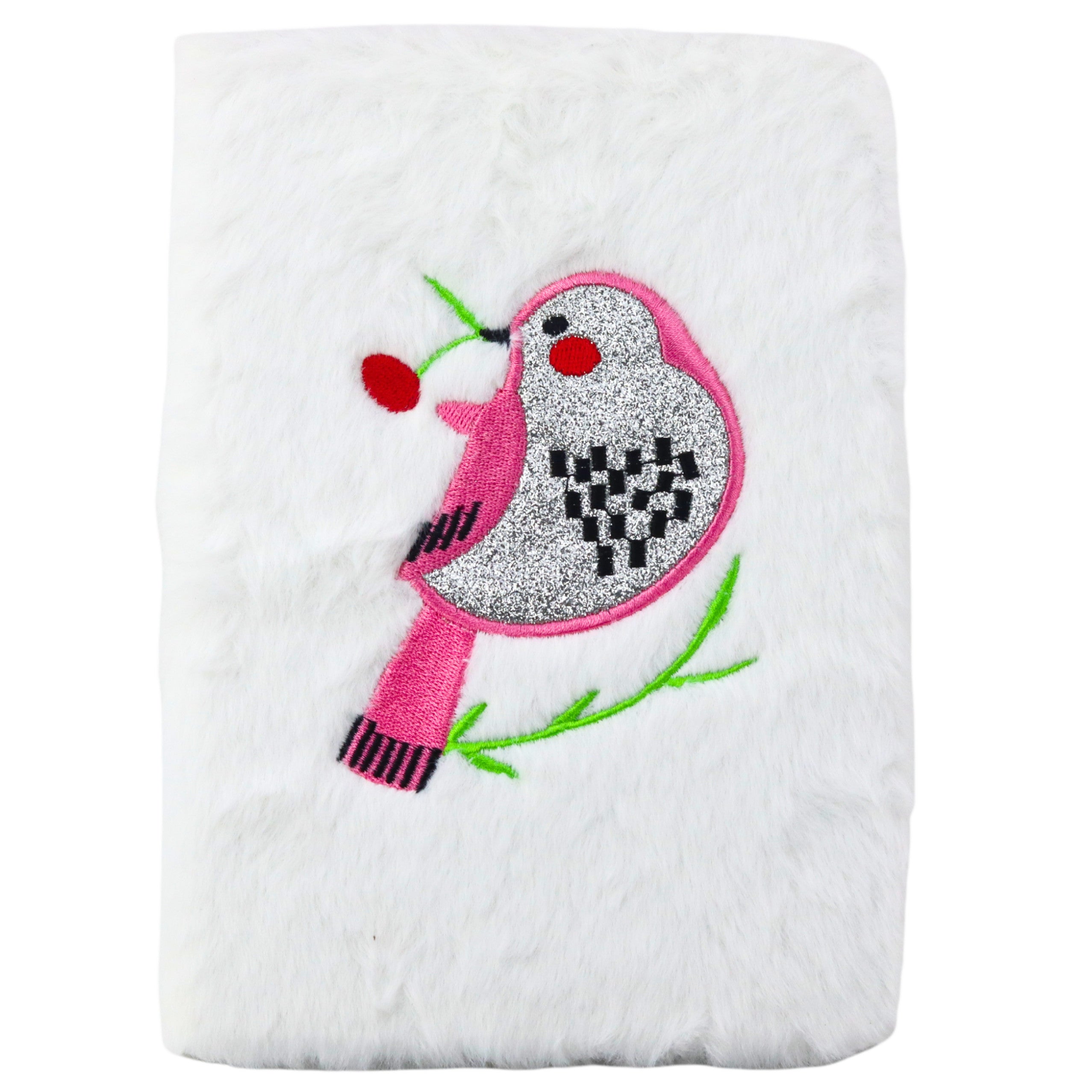 Plush Notebook Lined With Bird Silver Glitter White