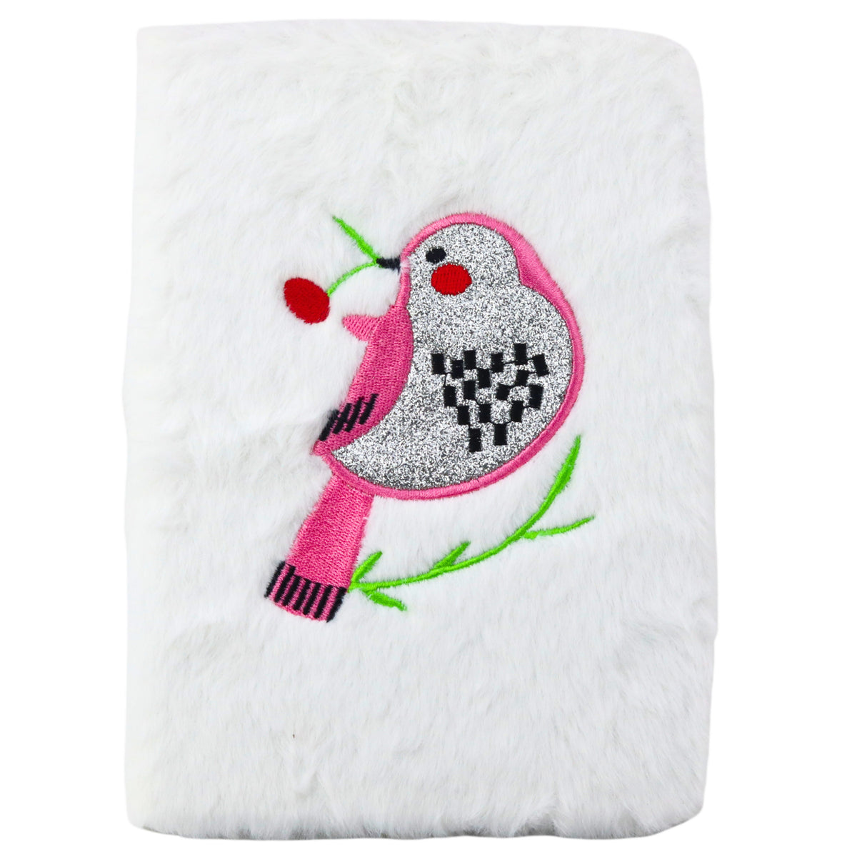 Carnet Peluche Bordé Oiseau Argent Pailleté Blanc