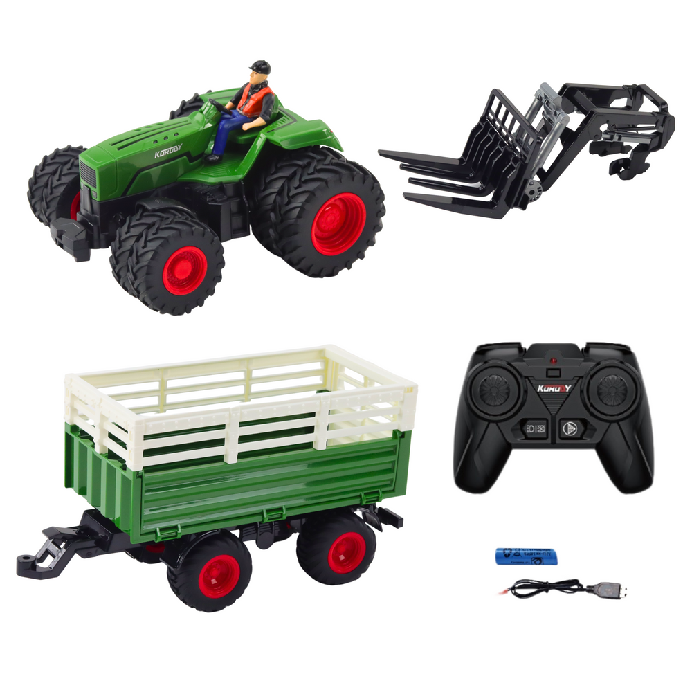 Rc Remote Controlled Agricultural Tractor With Trailer And Forks Double Wheels