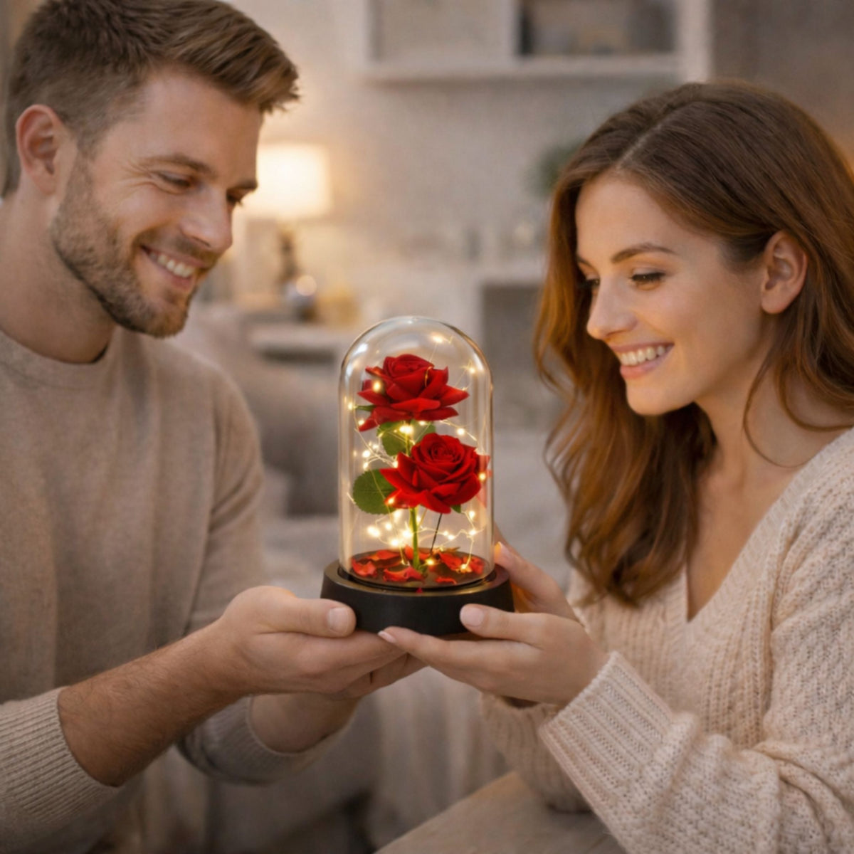 Eternal 2 Roses In Dome With Led Lighting And Rose Petals Red 21x11cm