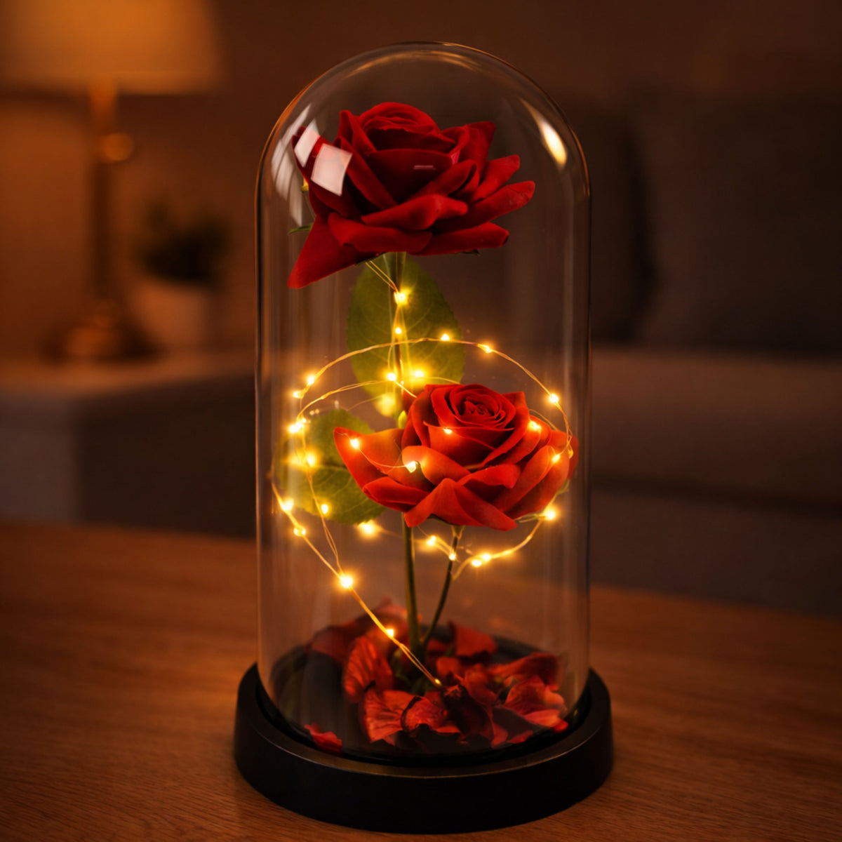 Eternal 2 Roses In Dome With Led Lighting And Rose Petals Red 21x11cm