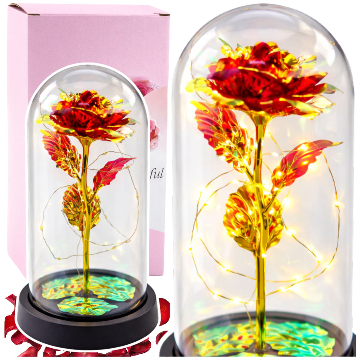 Eternal Rose In Glass Crystal Dome Led Lighting Red 21x11cm