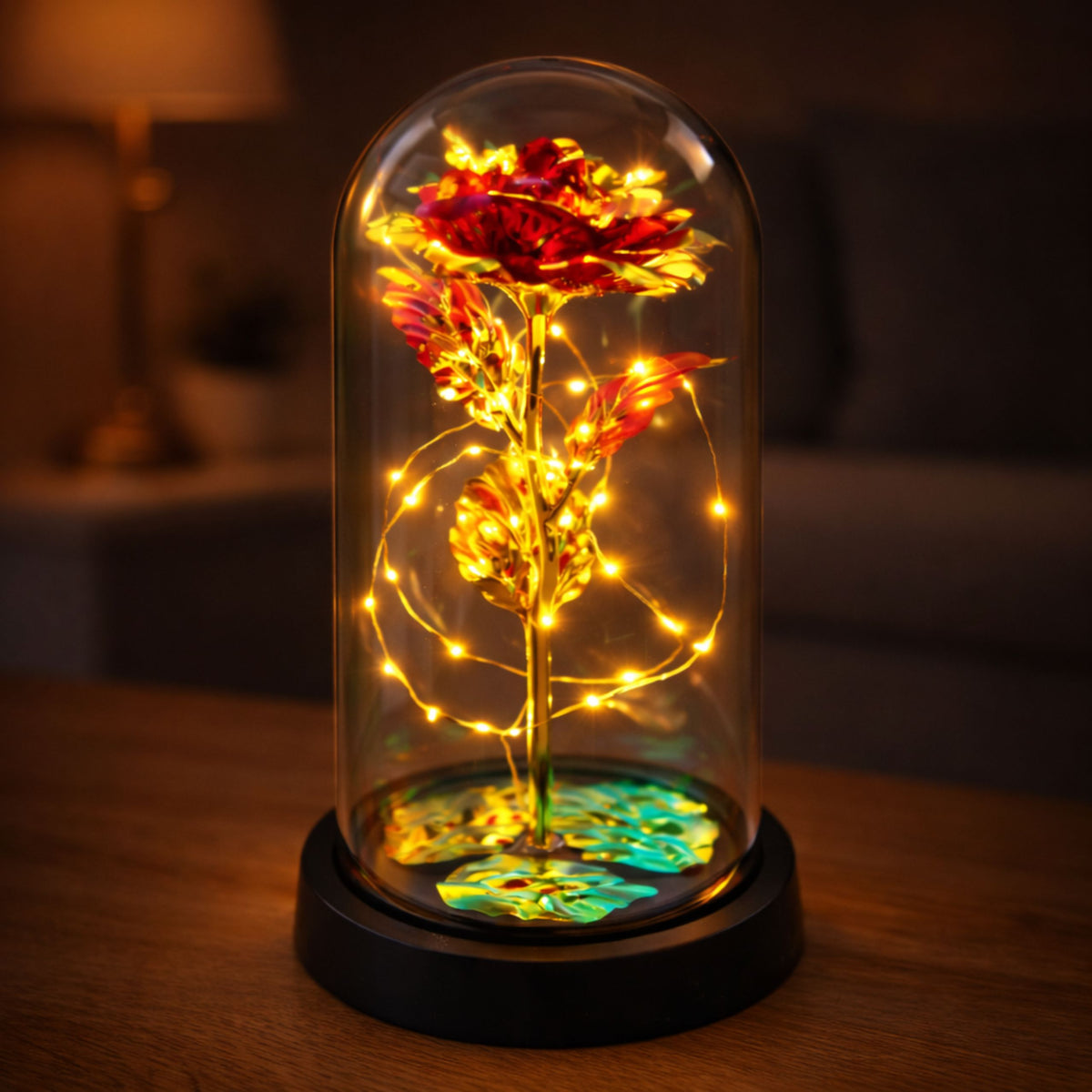 Eternal Rose In Glass Crystal Dome Led Lighting Red 21x11cm